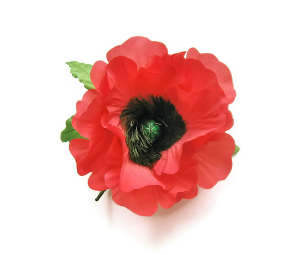 Handmade and hand painted red silk poppy brooch