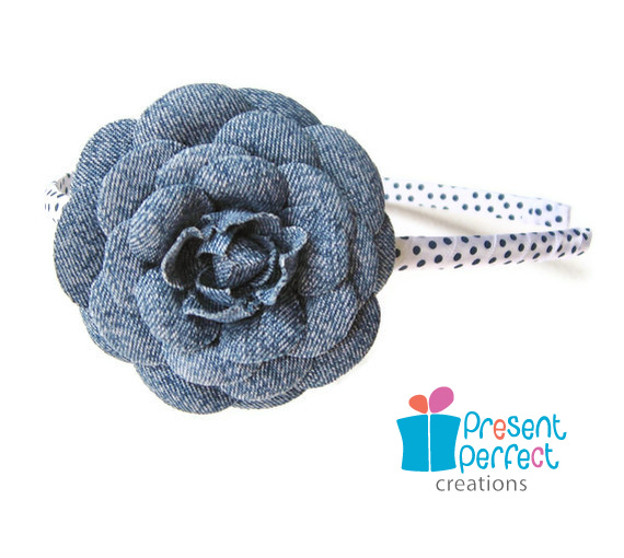 Distressed denim flower headband, girls flower headband