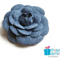 Distressed denim flower hair clip, denim camellia flower brooch